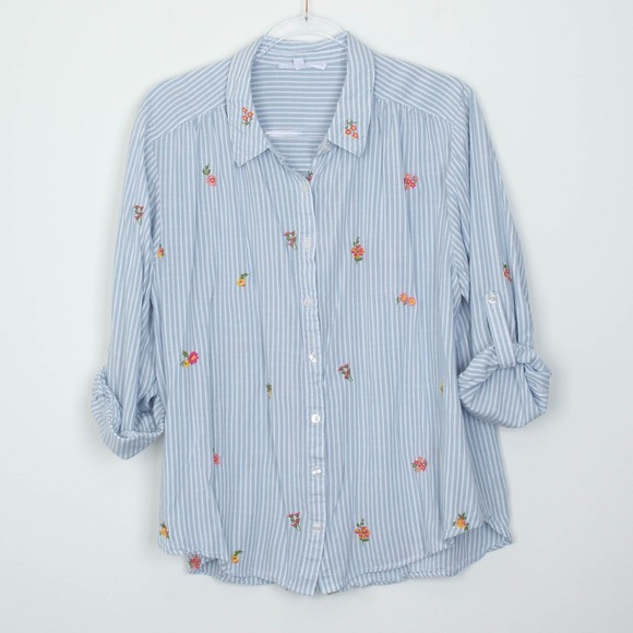 Jane + Delancey Tops - Jane +‎ Delancey Womens Striped Floral Embroidered Shirt Size 1X Blue Roll Tab